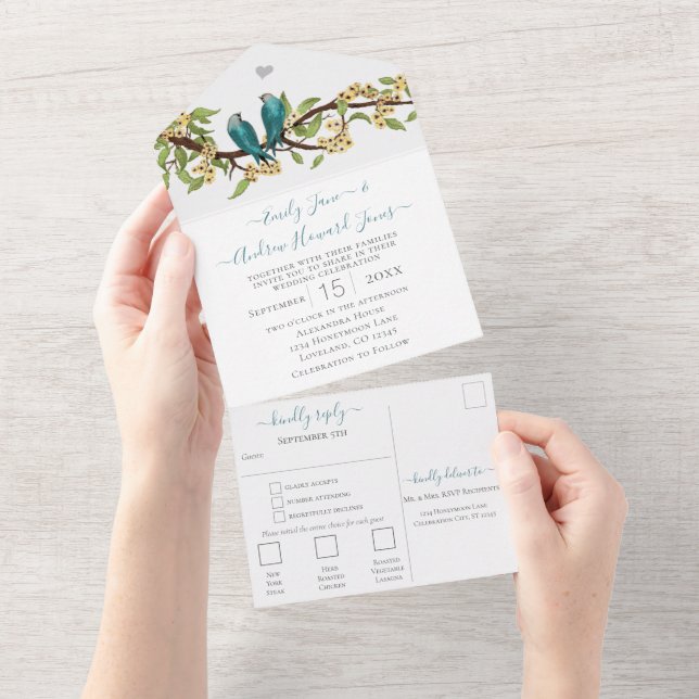 Teal Blue Yellow Lovebird Secret Forest Garden All In One Invitation (Tearaway)