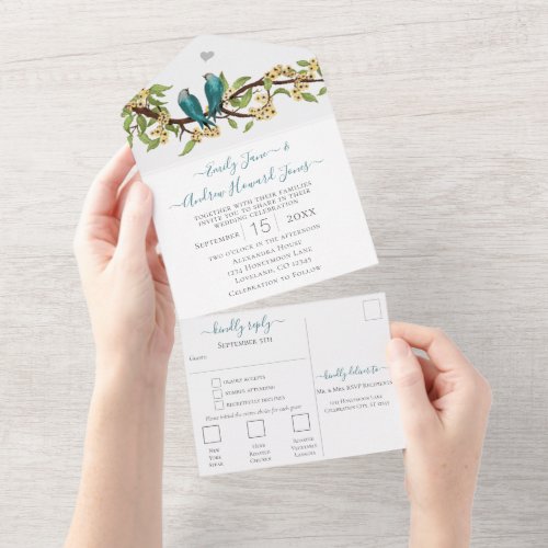 Teal Blue Yellow Lovebird Secret Forest Garden All In One Invitation