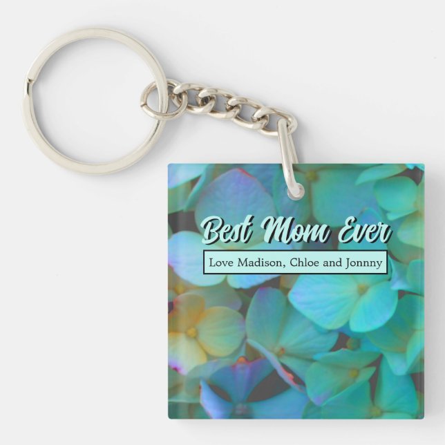 Teal blue yellow pink hydrangeas flowers best mom keychain (Front)
