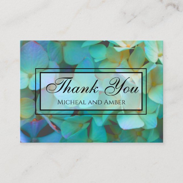 Teal blue yellow pink hydrangeas flowers enclosure card (Front)