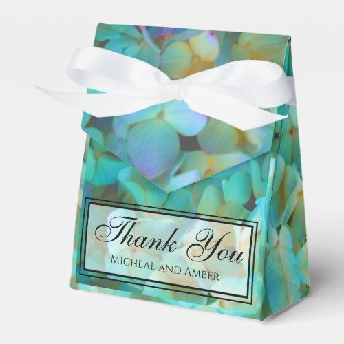 Teal blue yellow pink hydrangeas flowers favor boxes