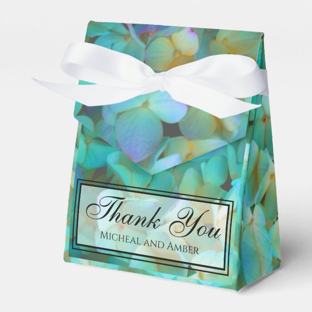 Teal blue yellow pink hydrangeas flowers favor boxes (Front Side)