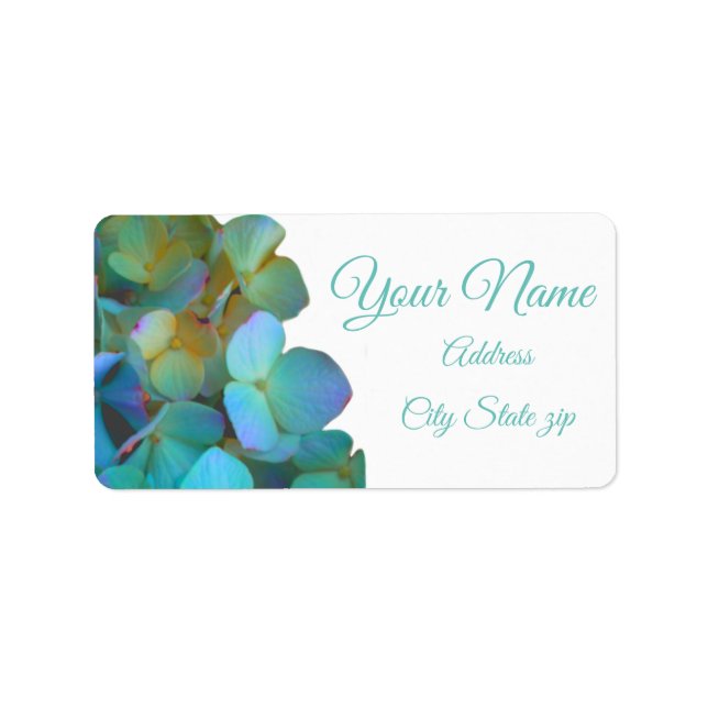 Teal blue yellow pink hydrangeas flowers floral label (Front)