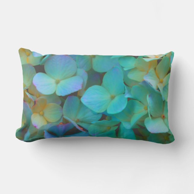 Teal blue yellow pink hydrangeas flowers floral lumbar pillow (Front)