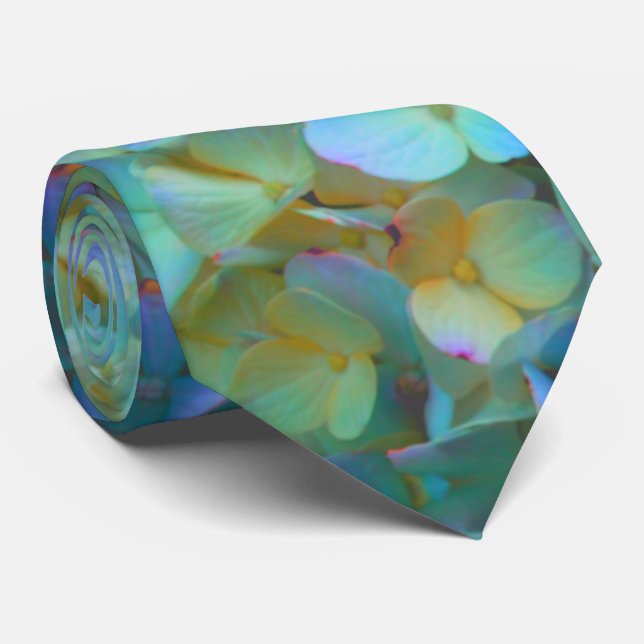 Teal blue yellow pink hydrangeas flowers floral neck tie (Rolled)