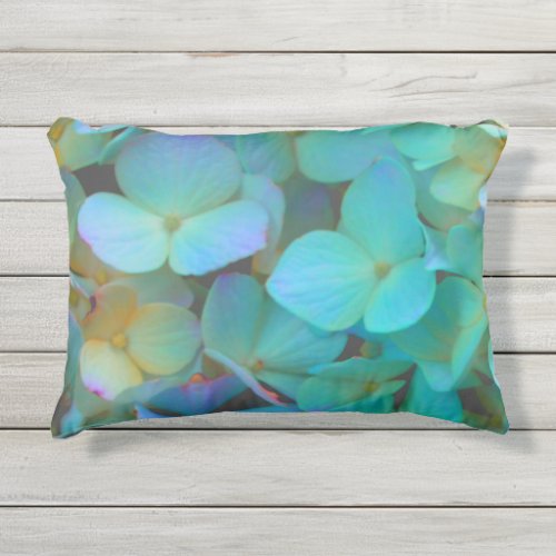 Teal blue yellow pink hydrangeas flowers floral outdoor pillow