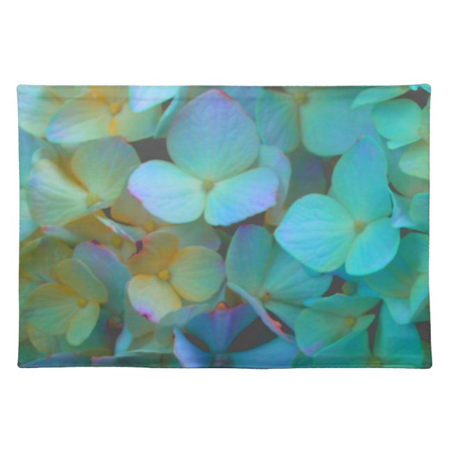 Teal blue yellow pink hydrangeas flowers floral placemat (Front)