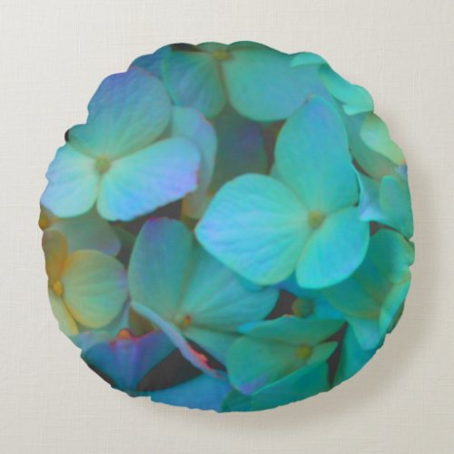 Teal blue yellow pink hydrangeas flowers floral round pillow