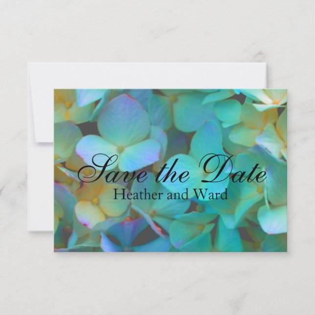 Teal blue yellow pink hydrangeas flowers floral save the date (Front)