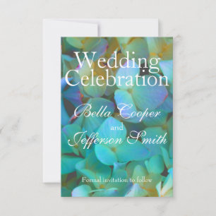 Teal blue yellow pink hydrangeas flowers floral save the date