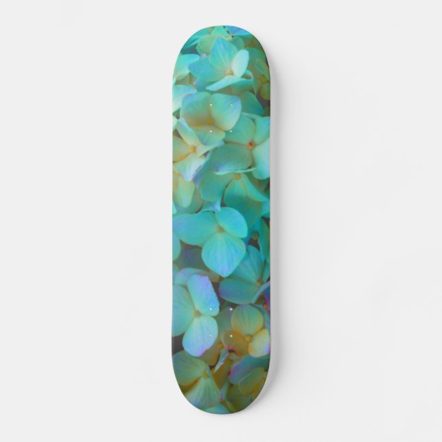 Teal blue yellow pink hydrangeas flowers floral skateboard deck (Front)