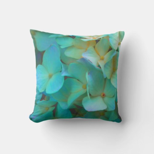 Teal blue yellow pink hydrangeas flowers floral throw pillow