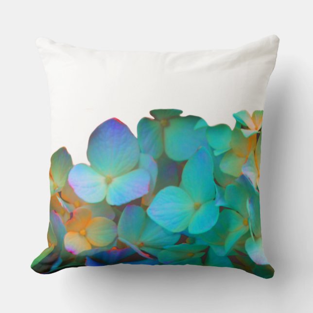 Teal blue yellow pink hydrangeas flowers floral throw pillow (Front)