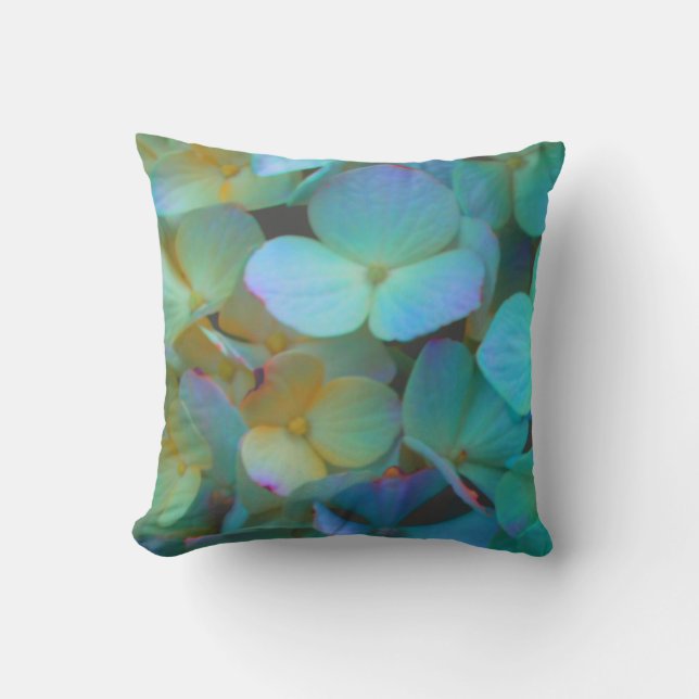 Teal blue yellow pink hydrangeas flowers floral throw pillow (Front)