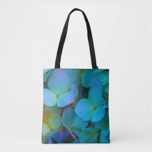 Teal blue yellow pink hydrangeas flowers floral tote bag