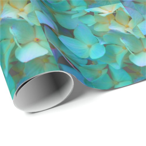 Teal blue yellow pink hydrangeas flowers floral wrapping paper