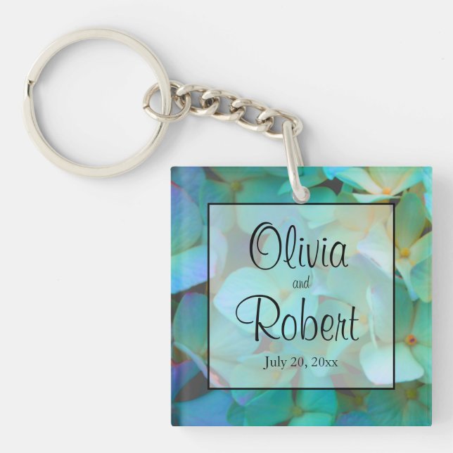 Teal blue yellow pink hydrangeas flowers keychain (Front)
