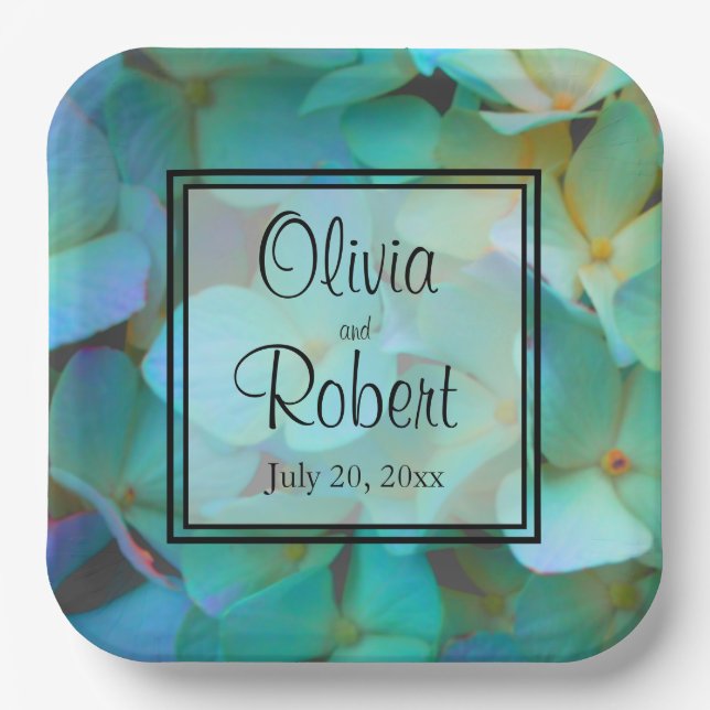 Teal blue yellow pink hydrangeas flowers paper plates (Front)