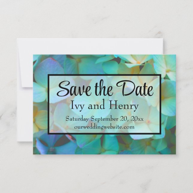 Teal blue yellow pink hydrangeas flowers save the date (Front)