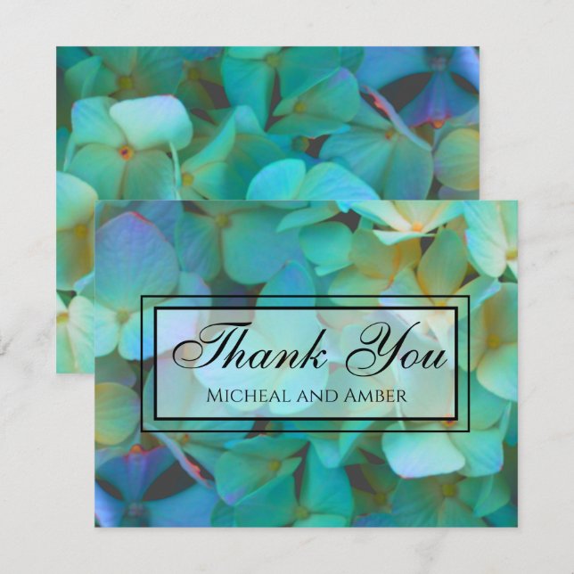 Teal blue yellow pink hydrangeas flowers thank you card (Front/Back)