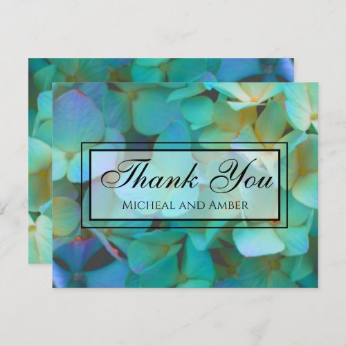 Teal blue yellow pink hydrangeas flowers thank you card
