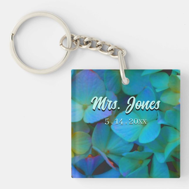 Teal blue yellow pink hydrangeas flowers The Bride Keychain (Front)