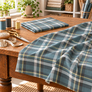 Teal Blue Yellow White Gray Tartan Square Pattern Fabric