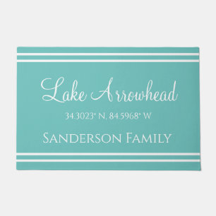 Teal Blue Your Lake Family Name Map Coordinates Doormat