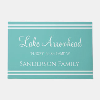 Teal Blue Your Lake Family Name Map Coordinates Doormat
