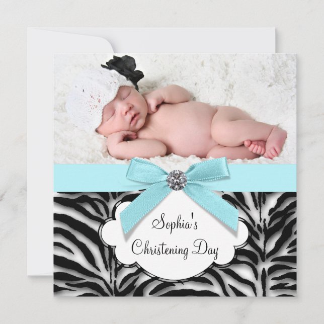 Teal Blue Zebra Baby Girl Photo Christening Invitation (Front)