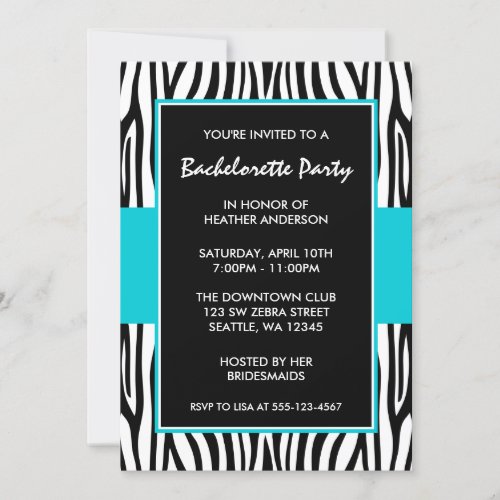 Teal Blue Zebra Bachelorette Party Invitations