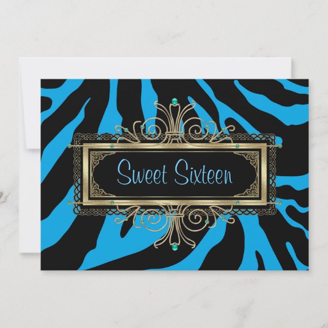 Teal Blue Zebra Black Gold Sweet Sixteen Birthday Invitation (Front)
