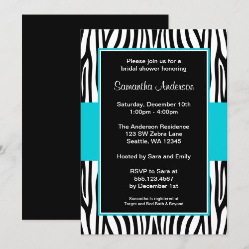Teal Blue Zebra Bridal Shower Custom Invite