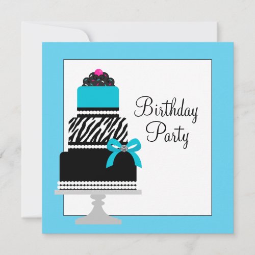 Teal Blue Zebra Cake Cupcake Birthday Party Invitation