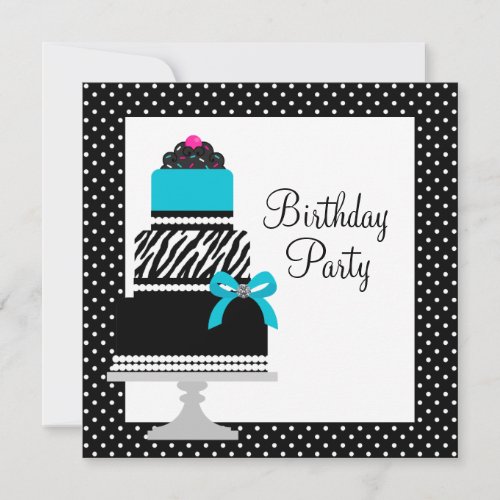 Teal Blue Zebra Cake Cupcake Birthday Party Invitation