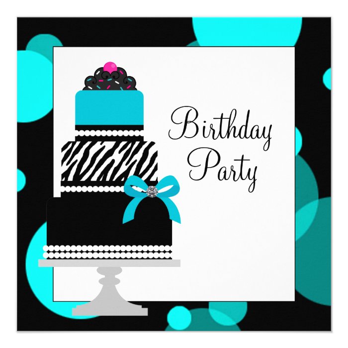 Teal Blue Zebra Cake Cupcake Birthday Party Custom Announcements