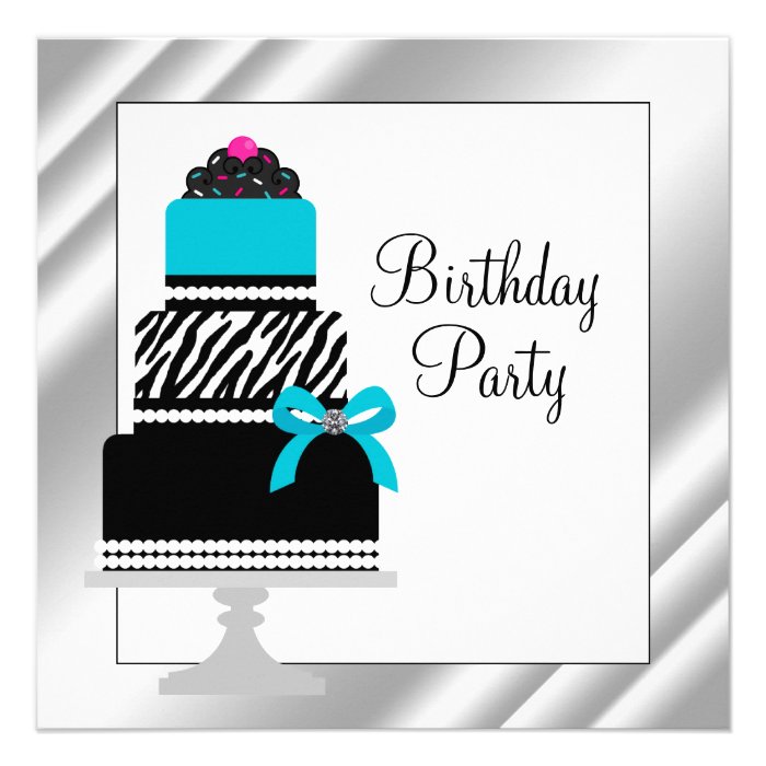 Teal Blue Zebra Cake Cupcake Birthday Party Announcements