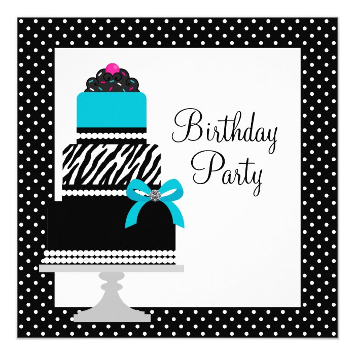 Teal Blue Zebra Cake Cupcake Birthday Party Invite