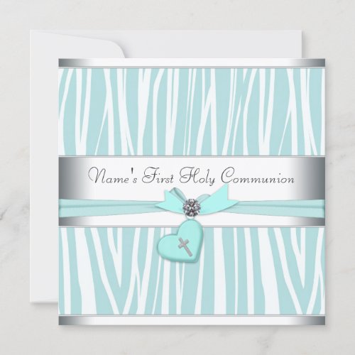 Teal Blue Zebra Cross First Communion Custom Invitation