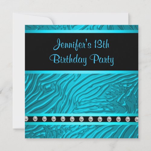 Teal Blue Zebra Girls 13th Birthday Party Custom Invitation