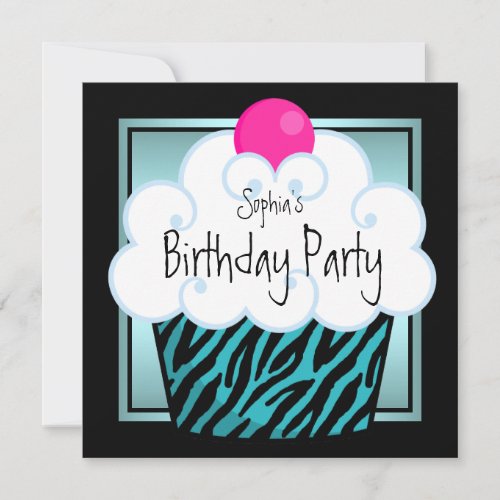 Teal Blue Zebra Girls Cupcake Birthday Party Invitation