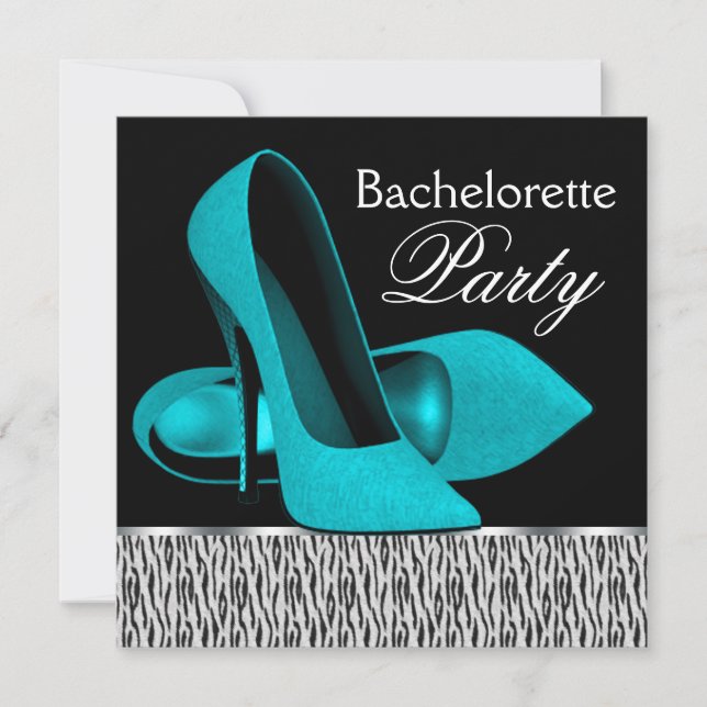 Teal Blue Zebra High Heels Bachelorette Party Invitation (Front)