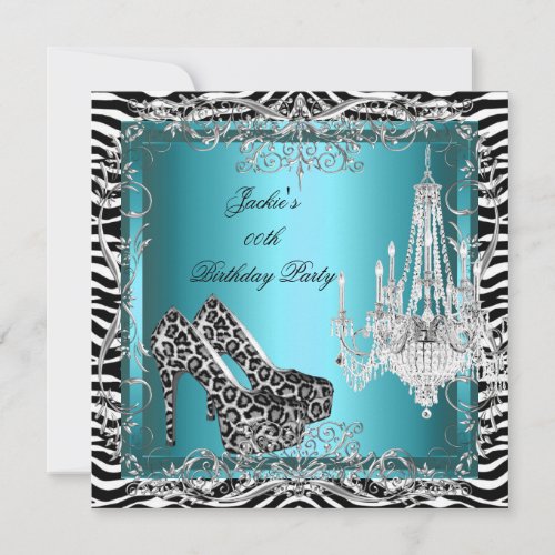 Teal Blue Zebra Leopard Print Party Shoes Invitation