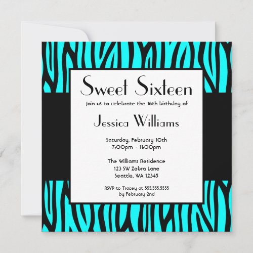 Teal Blue Zebra Modern Sweet 16 Birthday Party Invitation