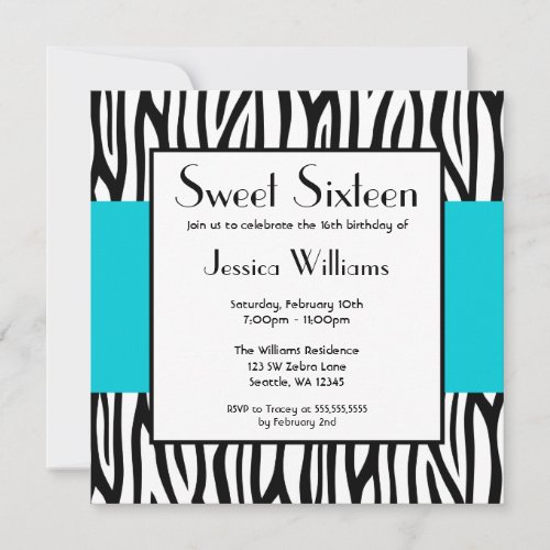 Teal Blue Zebra Modern Sweet 16 Invitations