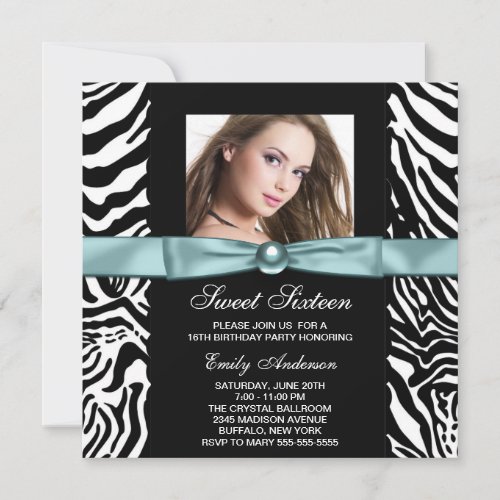 Teal Blue Zebra Photo Sweet Sixteen Birthday Party Invitation