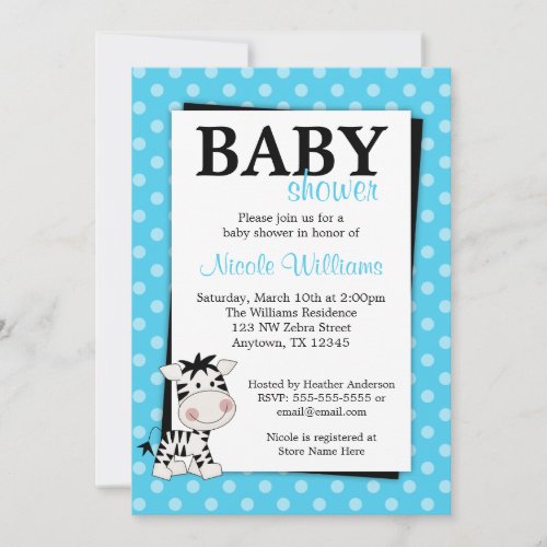 Teal Blue Zebra Polka Dot Baby Shower Invitations