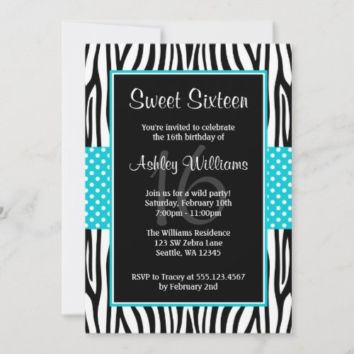 Teal Blue Zebra Polka Dot Sweet 16 Invitation