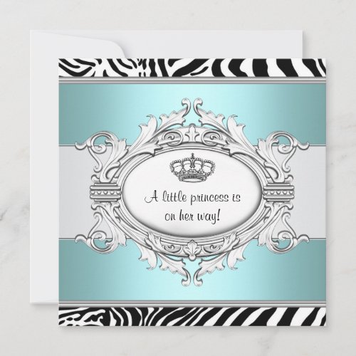 Teal Blue Zebra Princess Baby Girl Shower Announcements