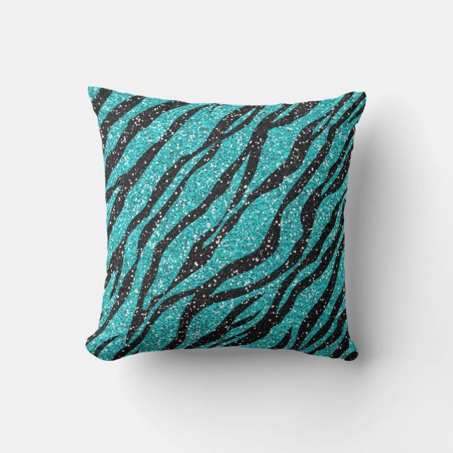 Teal Blue Zebra Print Throw Pillow (Front)